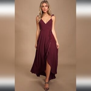 Lulus Here's To Us Burgundy High-Low Wrap Dress